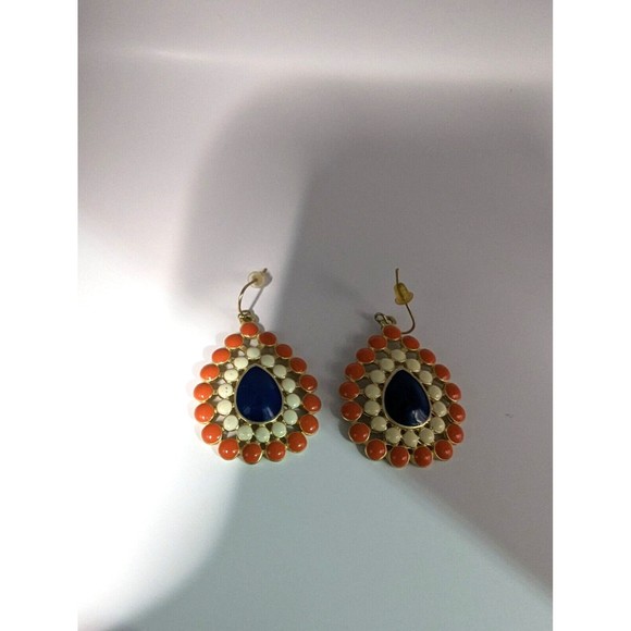 FORNASH Deep Blue Coral & Cream Acrylic Gold Tone Teardrop Dangle Earrings - Picture 4 of 5